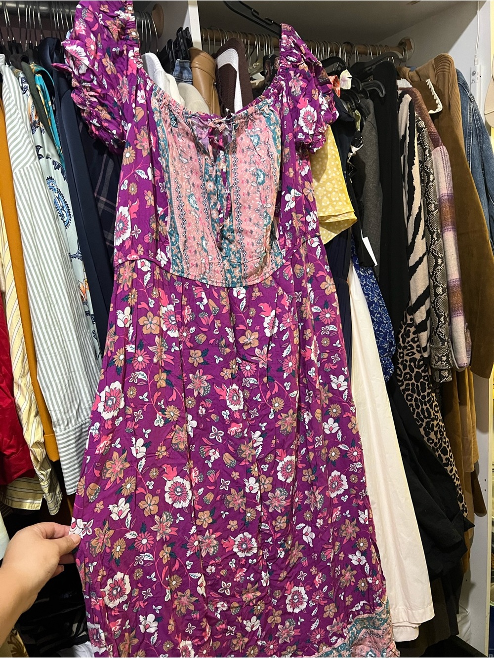 Floral Purple Peasant Dress with Ruffled Shoulders